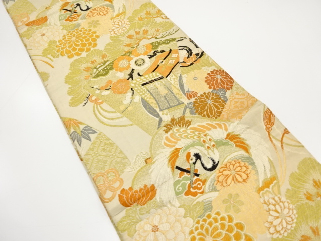 JAPANESE KIMONO / ANTIQUE MARU OBI / WOVEN CRANE & CARRIAGE WITH PINE